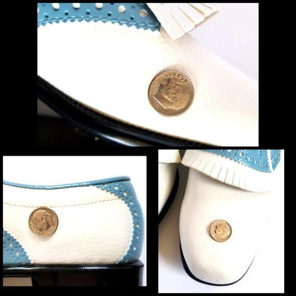 Vintage MONTGOMERY WARD Golf Shoes Sz 9 Blue White Oxford Kiltie Spikes - Picture 14 of 14